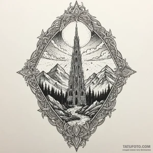 Jade blade beneath spectral spire, ink illust... - эскиз тату (№1750087852_0, 16.06.2025 15:30) — Tatufoto.com