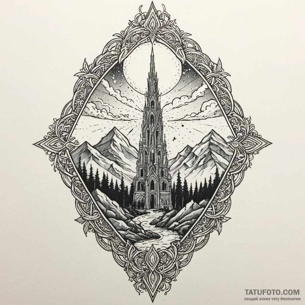 Jade blade beneath spectral spire, ink illust... - эскиз тату (№1750087852_0, 16.06.2025 15:30) — Tatufoto.com