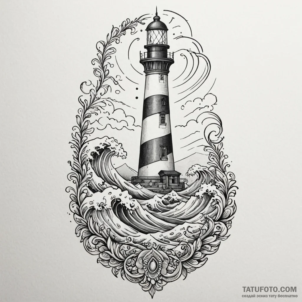 Ocean waves consuming lighthouse, tattoo line... - эскиз тату (№1750088488_0, 16.06.2025 15:41) — Tatufoto.com