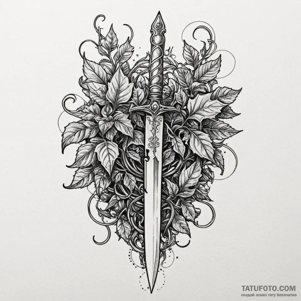Knife crowned in ivy, tattoo line art, highly... - эскиз тату (№1750092074_0, 16.06.2025 16:41) — Tatufoto.com