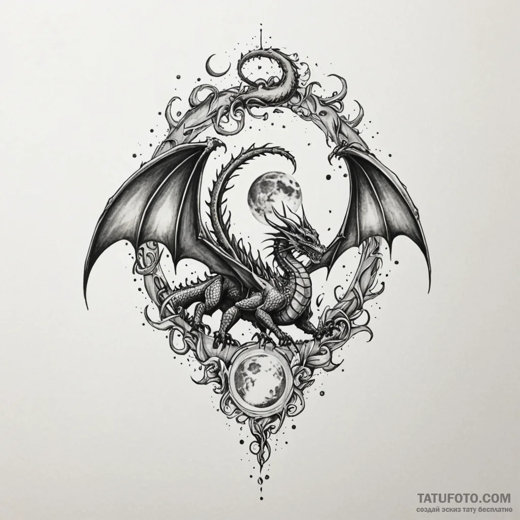 Moon being eclipsed by a dragon's wing, tatto... - эскиз тату (№1750092201_0, 16.06.2025 16:43) — Tatufoto.com
