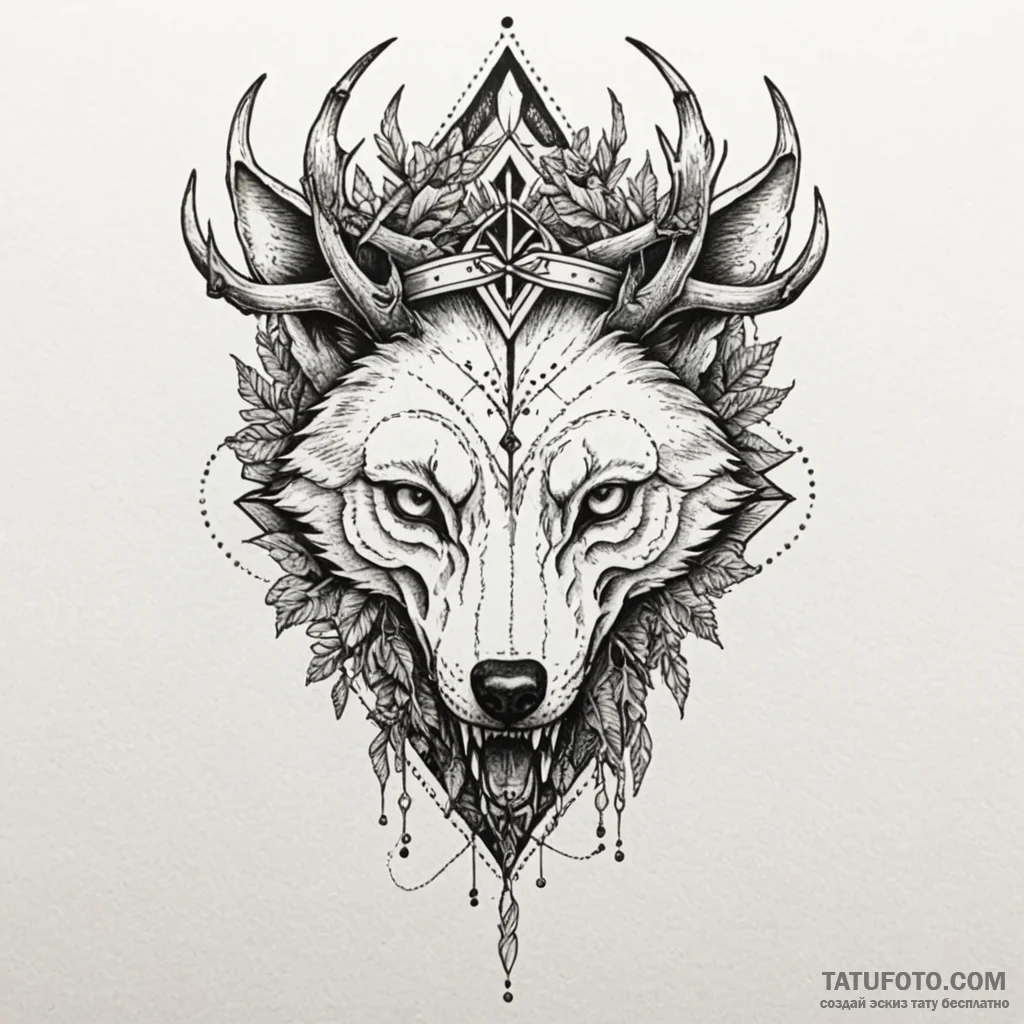 Wolf skull crowned with roots, tattoo drawing... - эскиз тату (№1750093096_0, 16.06.2025 16:58) — Tatufoto.com