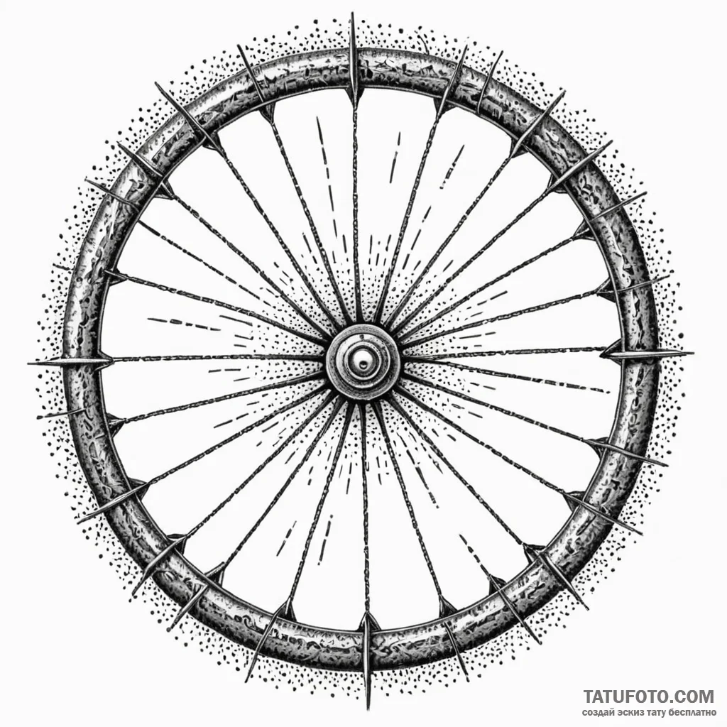 Razor-edged wheel beneath shattered gate, art... - эскиз тату (№1750094055_0, 16.06.2025 17:14) — Tatufoto.com