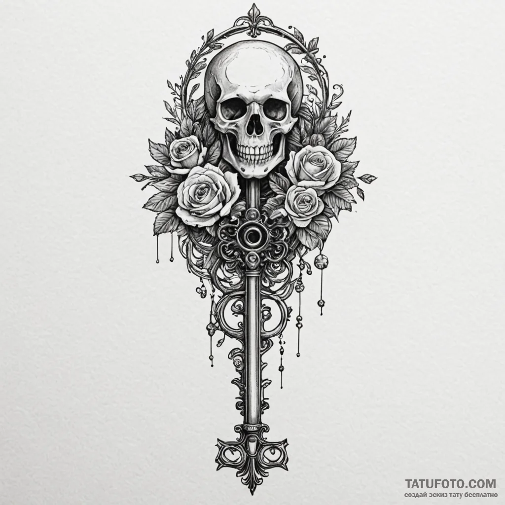 A skeleton key, ink illustration for tattoo,... - эскиз тату (№1750094120_0, 16.06.2025 17:15) — Tatufoto.com