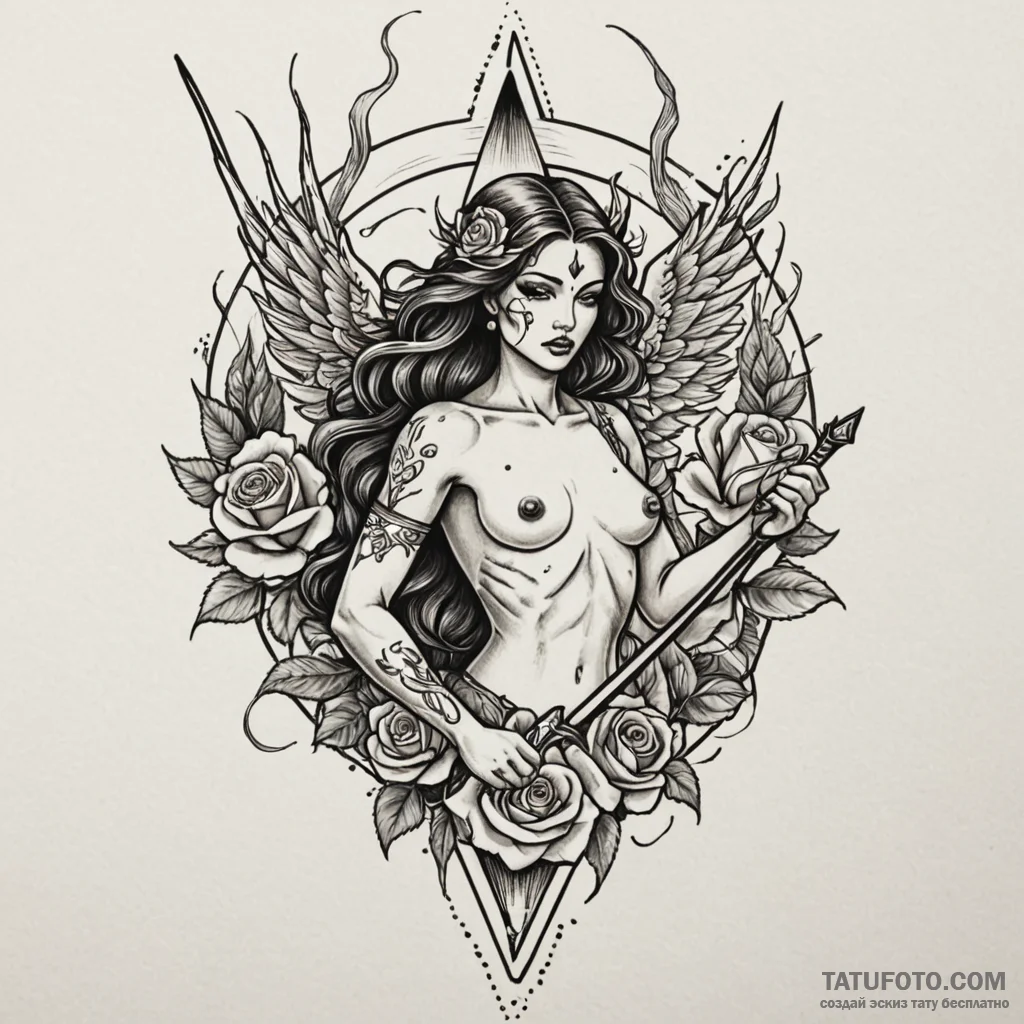 Armored angel wielding lightning spear, tatto... - эскиз тату (№1750094576_0, 16.06.2025 17:22) — Tatufoto.com