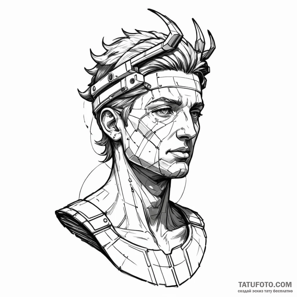 Apollo's bust, but with a glitching, cyberpun... - эскиз тату (№1750095976_0, 16.06.2025 17:46) — Tatufoto.com