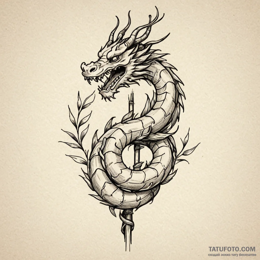 Jade dragon coiled around a bamboo stalk, ink... - эскиз тату (№1750096486_0, 16.06.2025 17:54) — Tatufoto.com