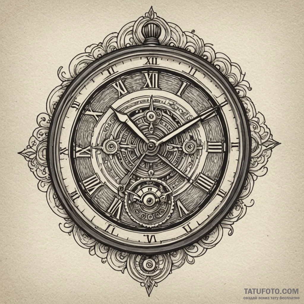 Dial from a vintage watch, showing its intric... - эскиз тату (№1750097312_0, 16.06.2025 18:08) — Tatufoto.com