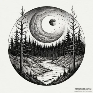 Blood moon hanging over a silent, dark forest... - эскиз тату (№1750097504_0, 16.06.2025 18:11) — Tatufoto.com