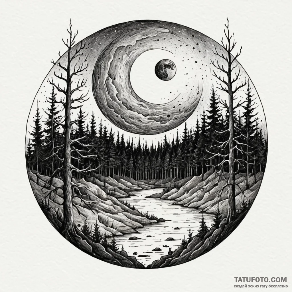 Blood moon hanging over a silent, dark forest... - эскиз тату (№1750097504_0, 16.06.2025 18:11) — Tatufoto.com