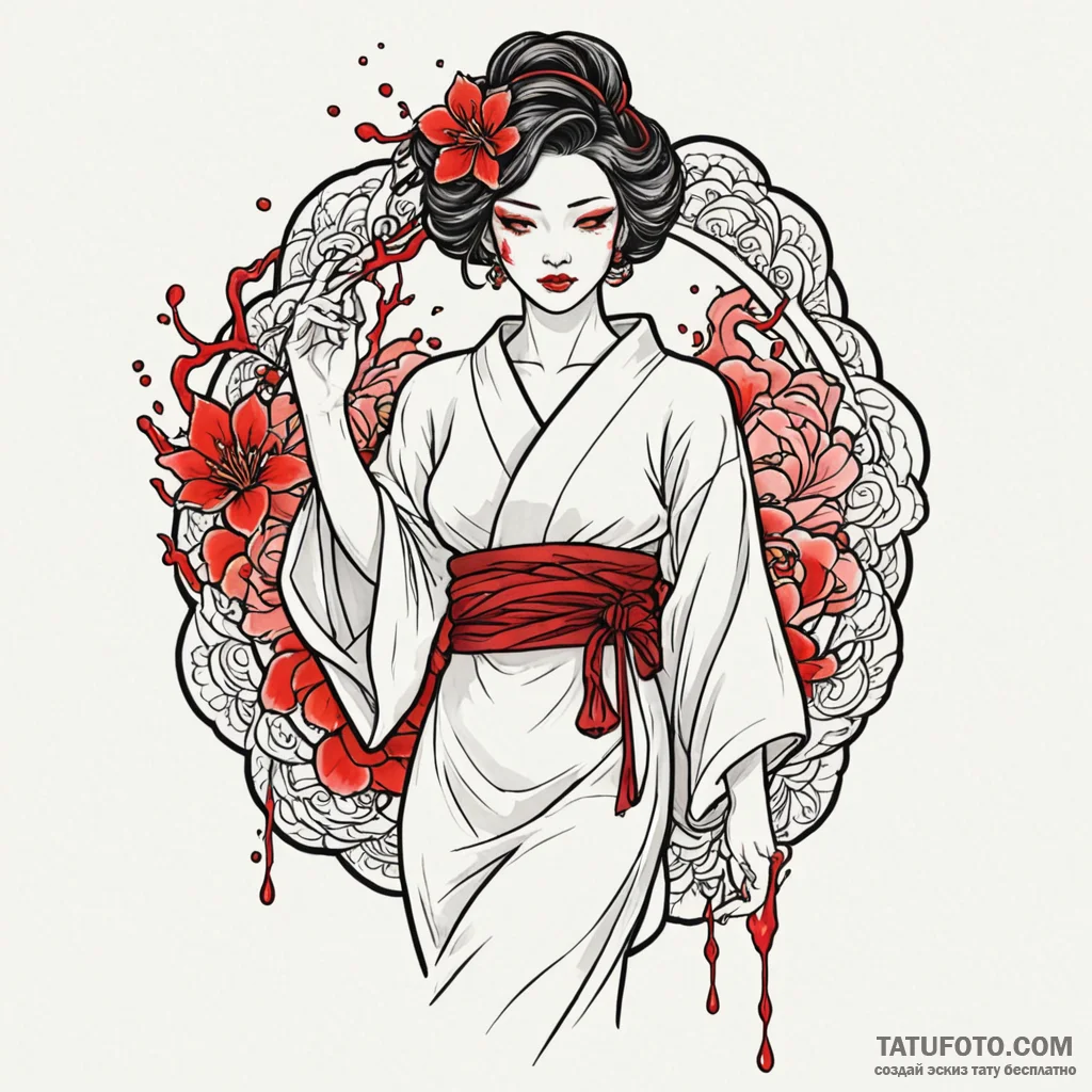 Kimono fabric flowing with blood, tattoo flas... - эскиз тату (№1750099166_0, 16.06.2025 18:39) — Tatufoto.com