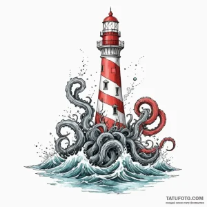 Lighthouse swallowed by kraken, tattoo sketch... - эскиз тату (№1750101075_0, 16.06.2025 19:11) — Tatufoto.com