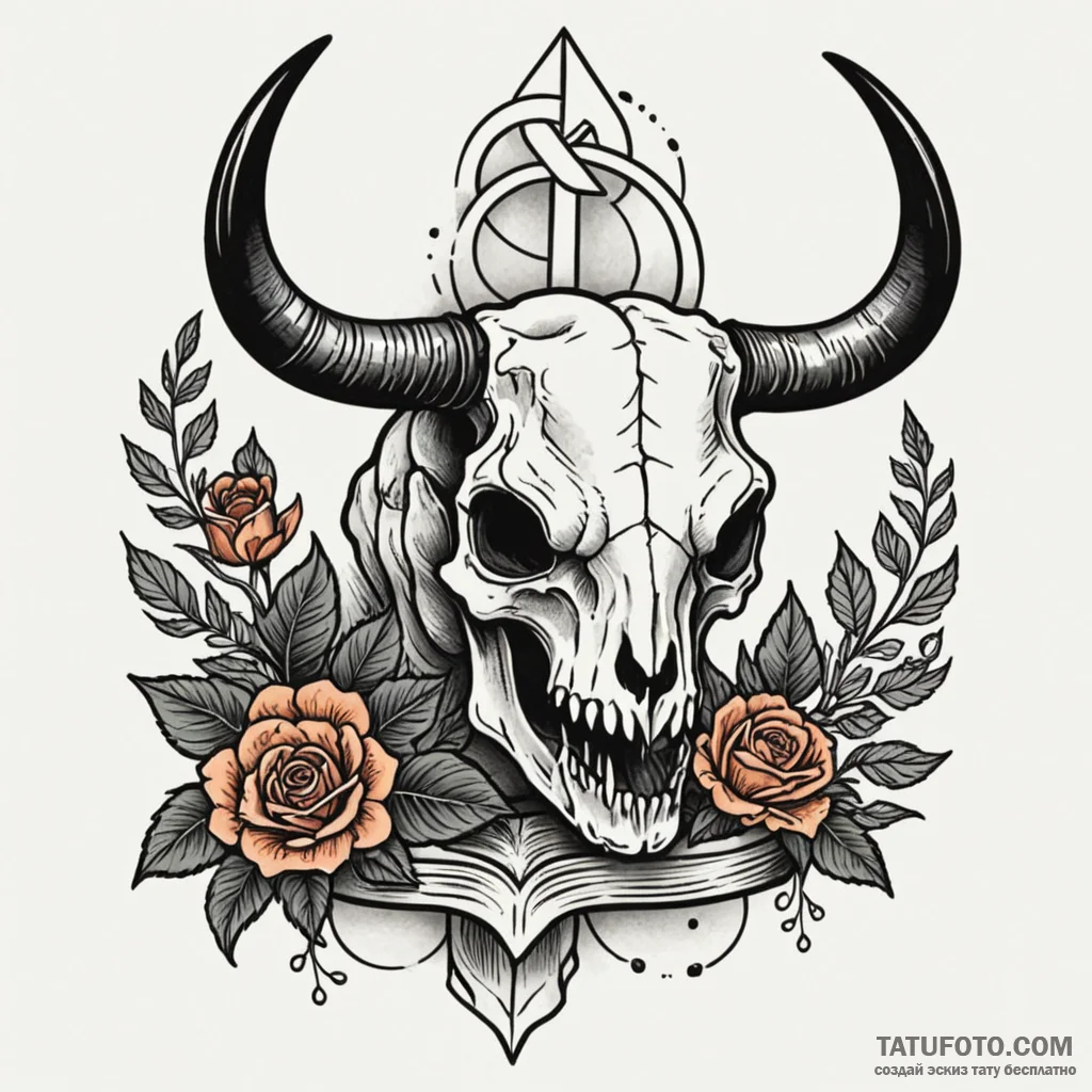 Ox skull resting on ritual altar, tattoo draw... - эскиз тату (№1750102154_0, 16.06.2025 19:29) — Tatufoto.com
