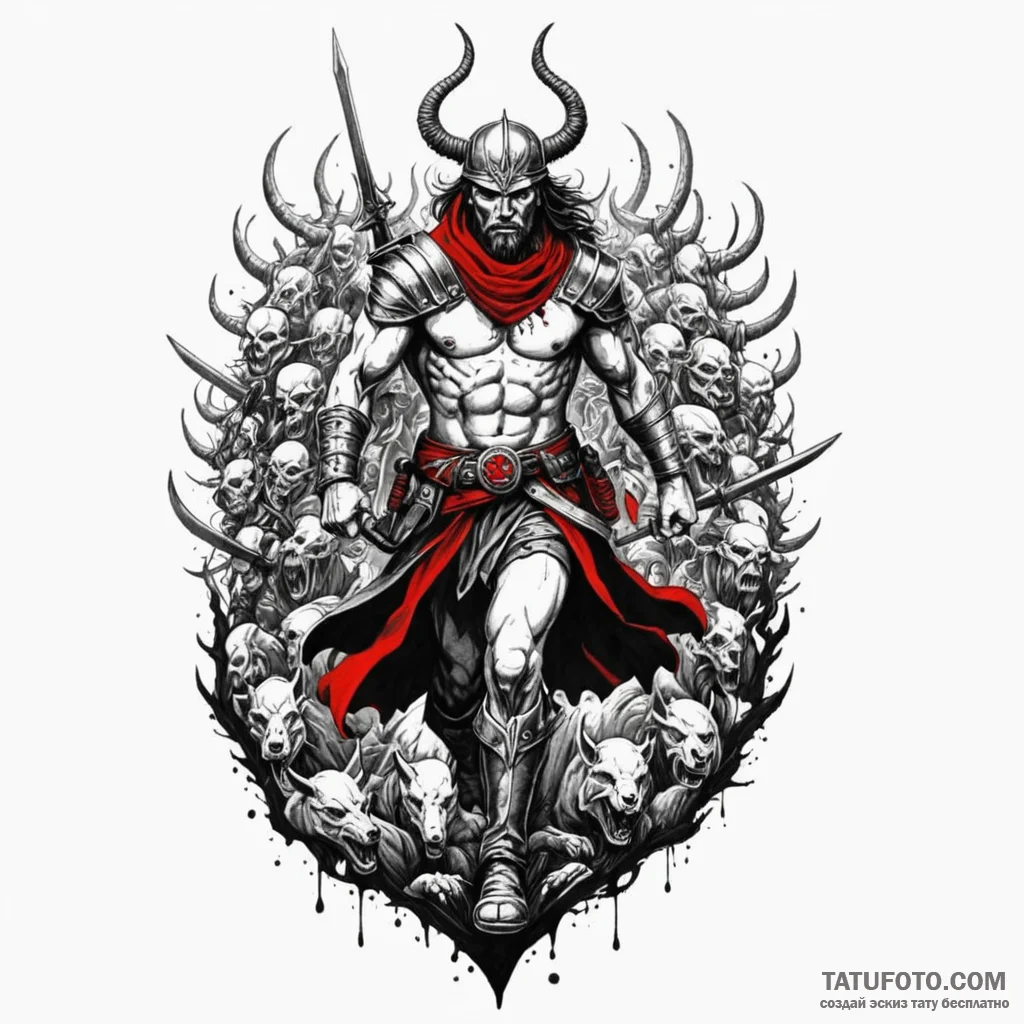 Last stand of a lone warrior against a horde,... - эскиз тату (№1750102732_0, 16.06.2025 19:38) — Tatufoto.com