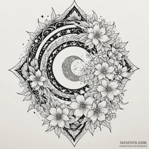 Kimono pattern flowing into stars, ink illust... - эскиз тату (№1750102860_0, 16.06.2025 19:41) — Tatufoto.com