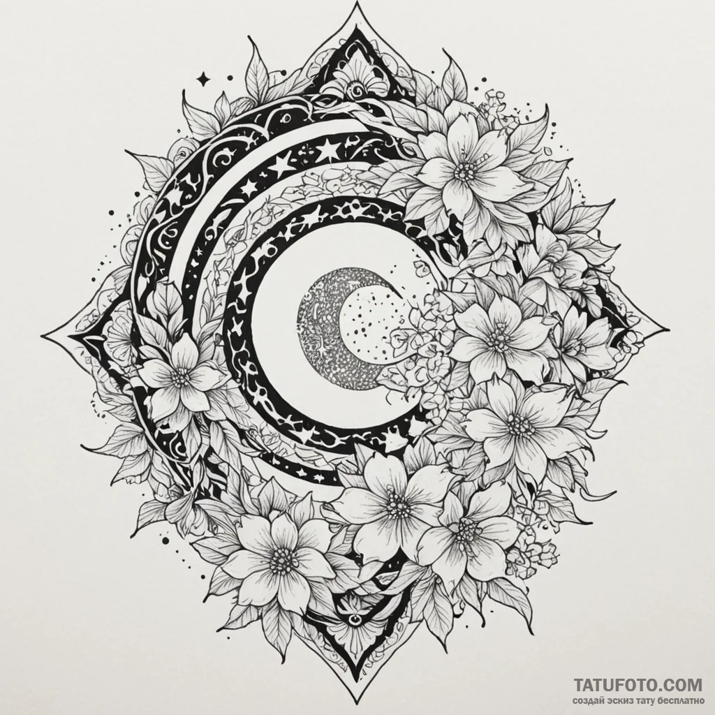 Kimono pattern flowing into stars, ink illust... - эскиз тату (№1750102860_0, 16.06.2025 19:41) — Tatufoto.com