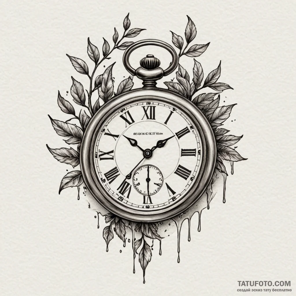 A melting pocket watch draped over a branch,... - эскиз тату (№1750103619_0, 16.06.2025 19:53) — Tatufoto.com