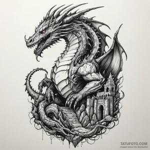 Abyssal dragon chained to ruins, ink illustra... - эскиз тату (№1750103683_0, 16.06.2025 19:54) — Tatufoto.com