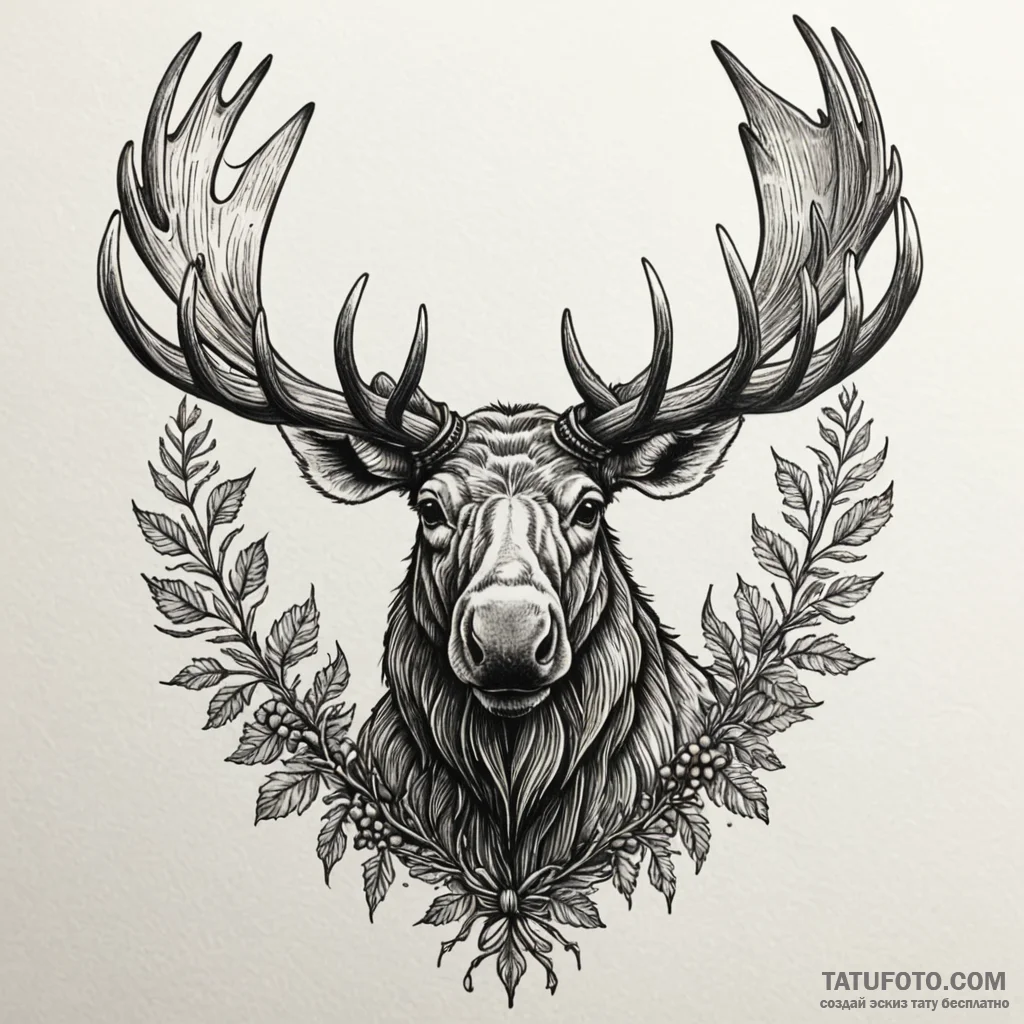 Moose antlers wrapped in vines, tattoo sketch... - эскиз тату (№1750104955_0, 16.06.2025 20:15) — Tatufoto.com