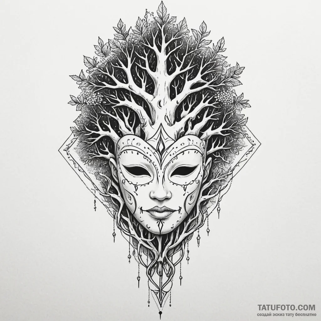 Graven mask beneath bone tree, tattoo flash s... - эскиз тату (№1750107368_0, 16.06.2025 20:56) — Tatufoto.com