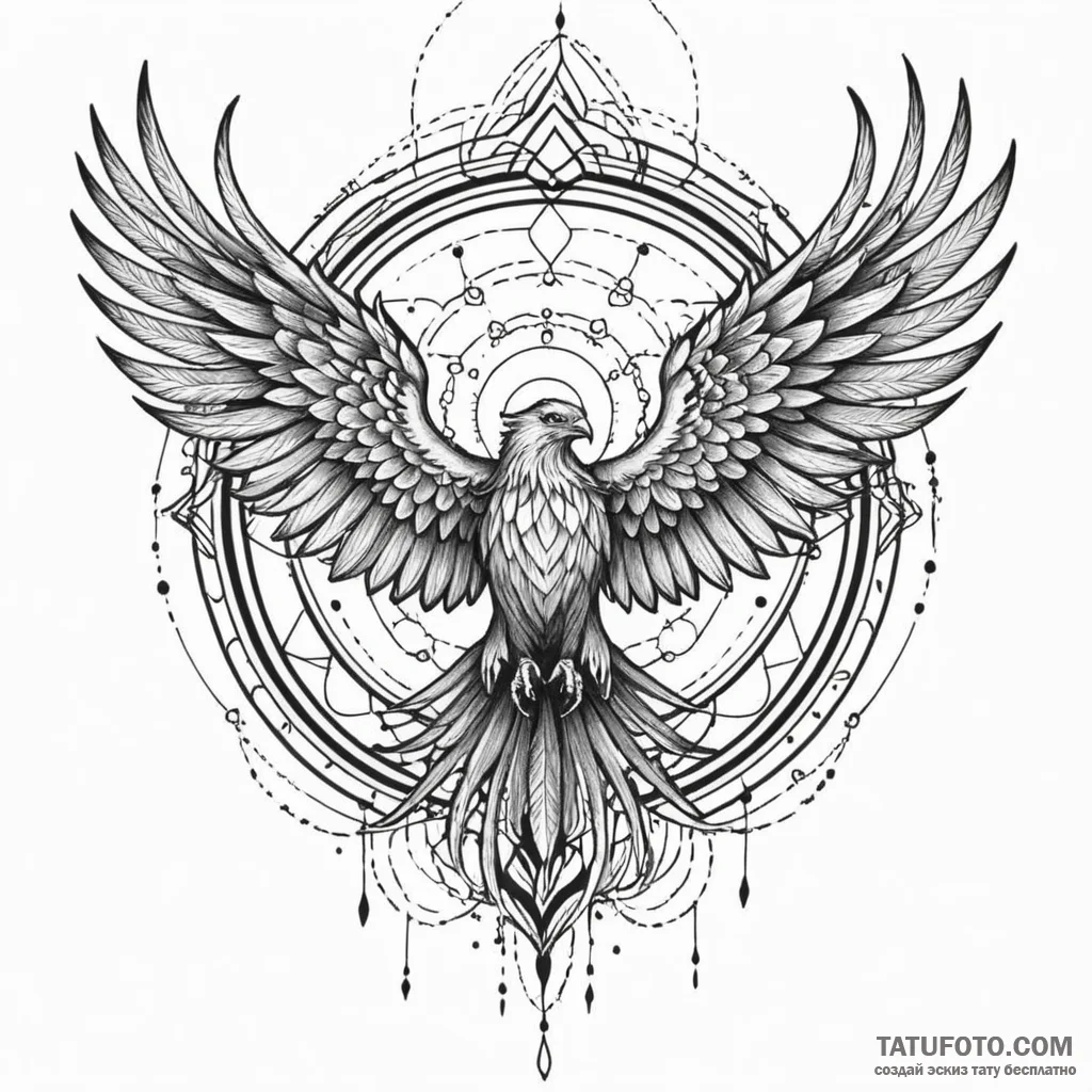 Iron phoenix flying through rift, ink illustr... - эскиз тату (№1750108324_0, 16.06.2025 21:12) — Tatufoto.com