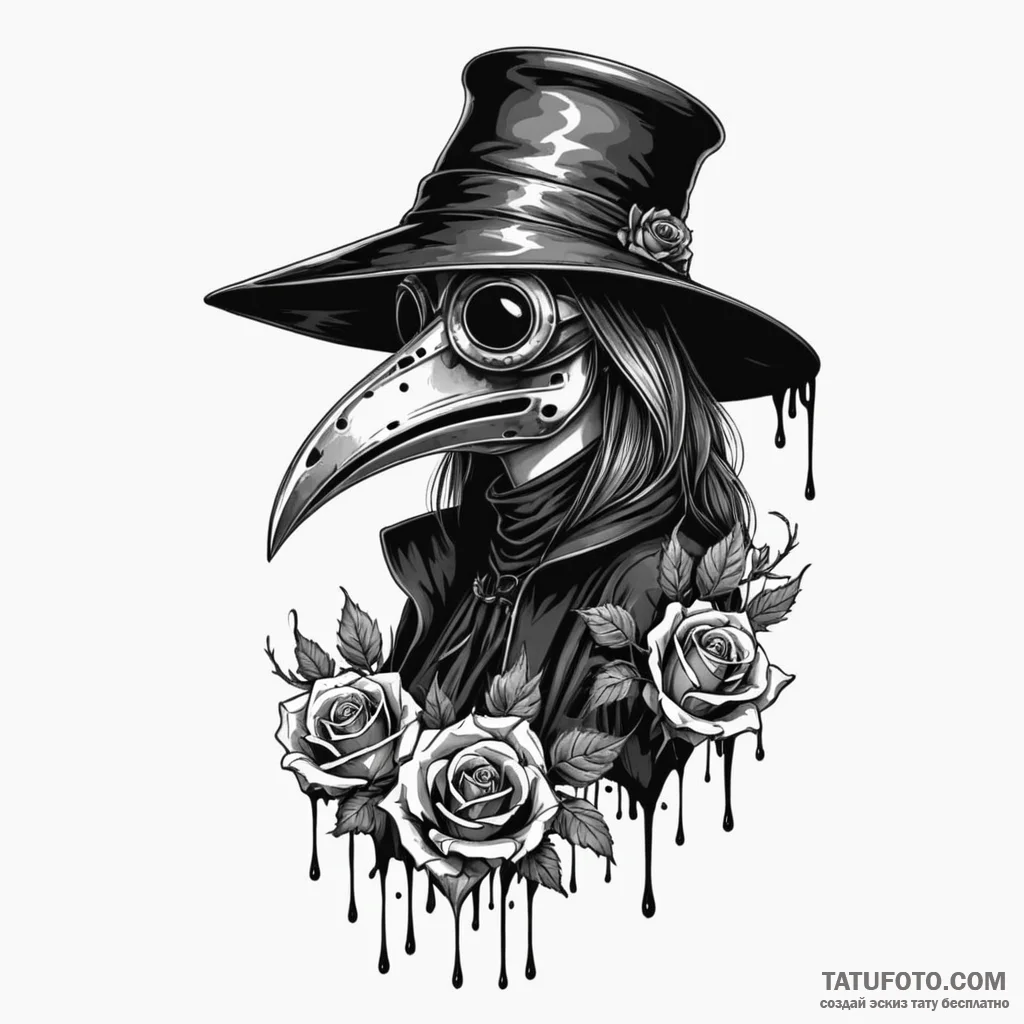 A woman dressed as a plague doctor, the mask'... - эскиз тату (№1750115179_0, 16.06.2025 23:06) — Tatufoto.com