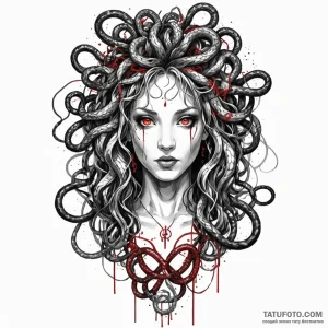 Trash polka art of a modern medusa, her snake... - эскиз тату (№1750115242_0, 16.06.2025 23:07) — Tatufoto.com