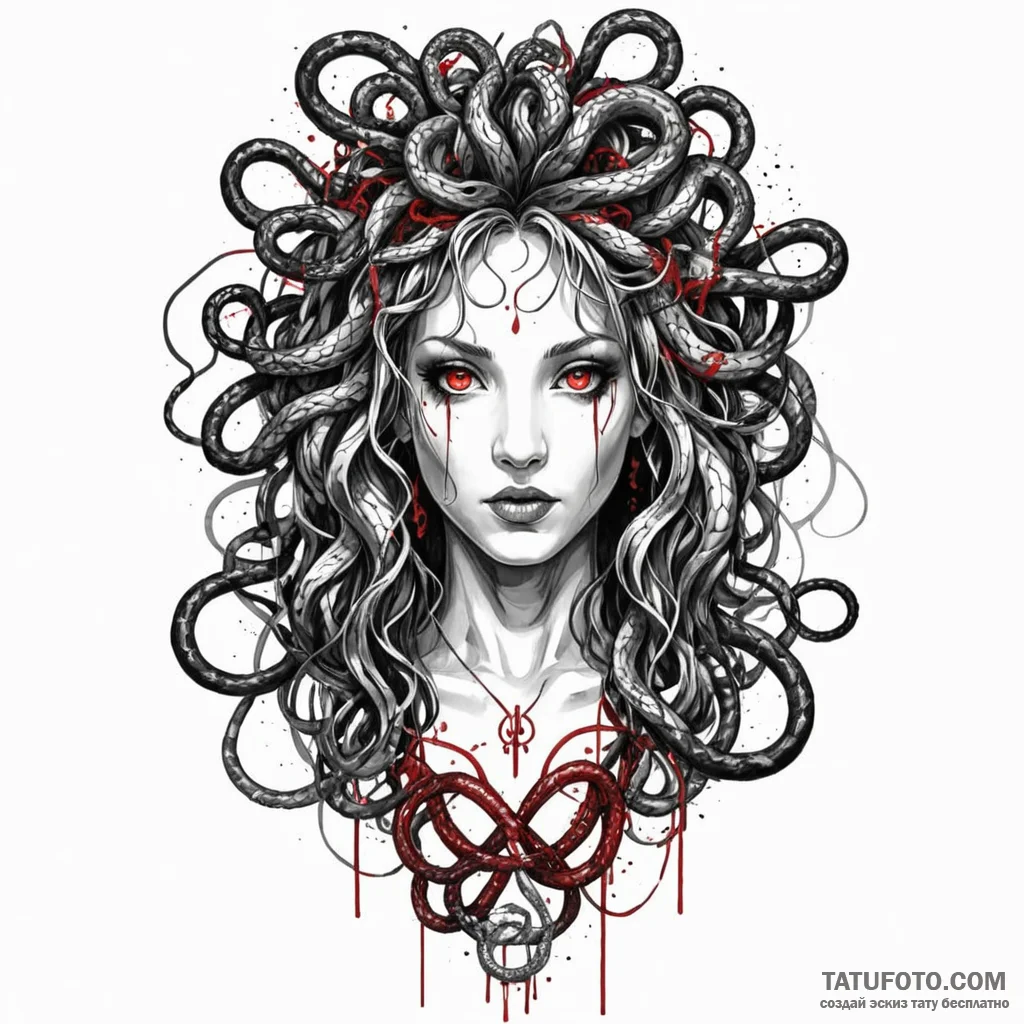 Trash polka art of a modern medusa, her snake... - эскиз тату (№1750115242_0, 16.06.2025 23:07) — Tatufoto.com