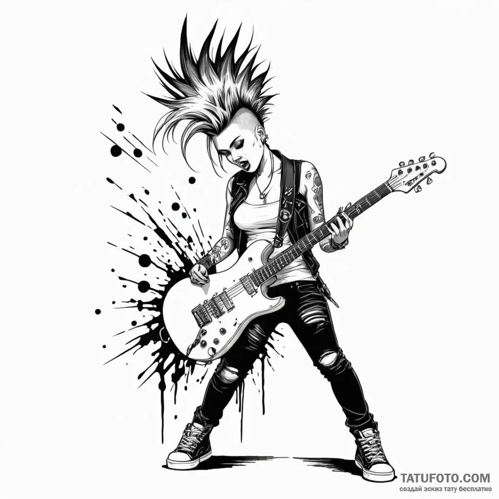 A punk rock girl with a mohawk smashing an el... - эскиз тату (№1750116667_0, 16.06.2025 23:31) — Tatufoto.com