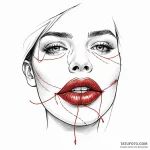 A woman’s lips sewn shut with a red thread, a… — эскиз тату (№1750117040_0, 16.06.2025 23:37) — Tatufoto.com