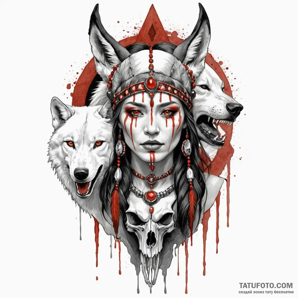 A powerful female shaman with a wolf skull he... - эскиз тату (№1750118422_0, 17.06.2025 00:00) — Tatufoto.com