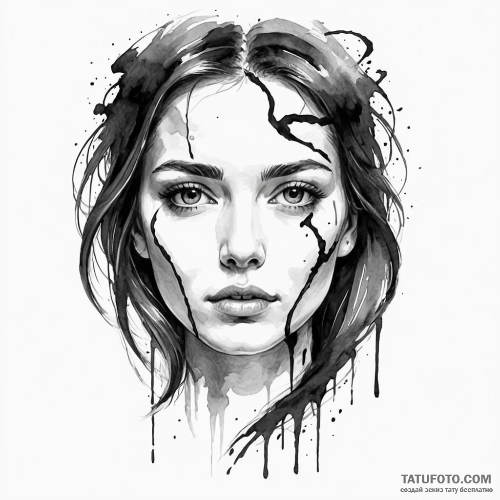 A woman's face being erased by a giant ink br... - эскиз тату (№1750120355_0, 17.06.2025 00:32) — Tatufoto.com