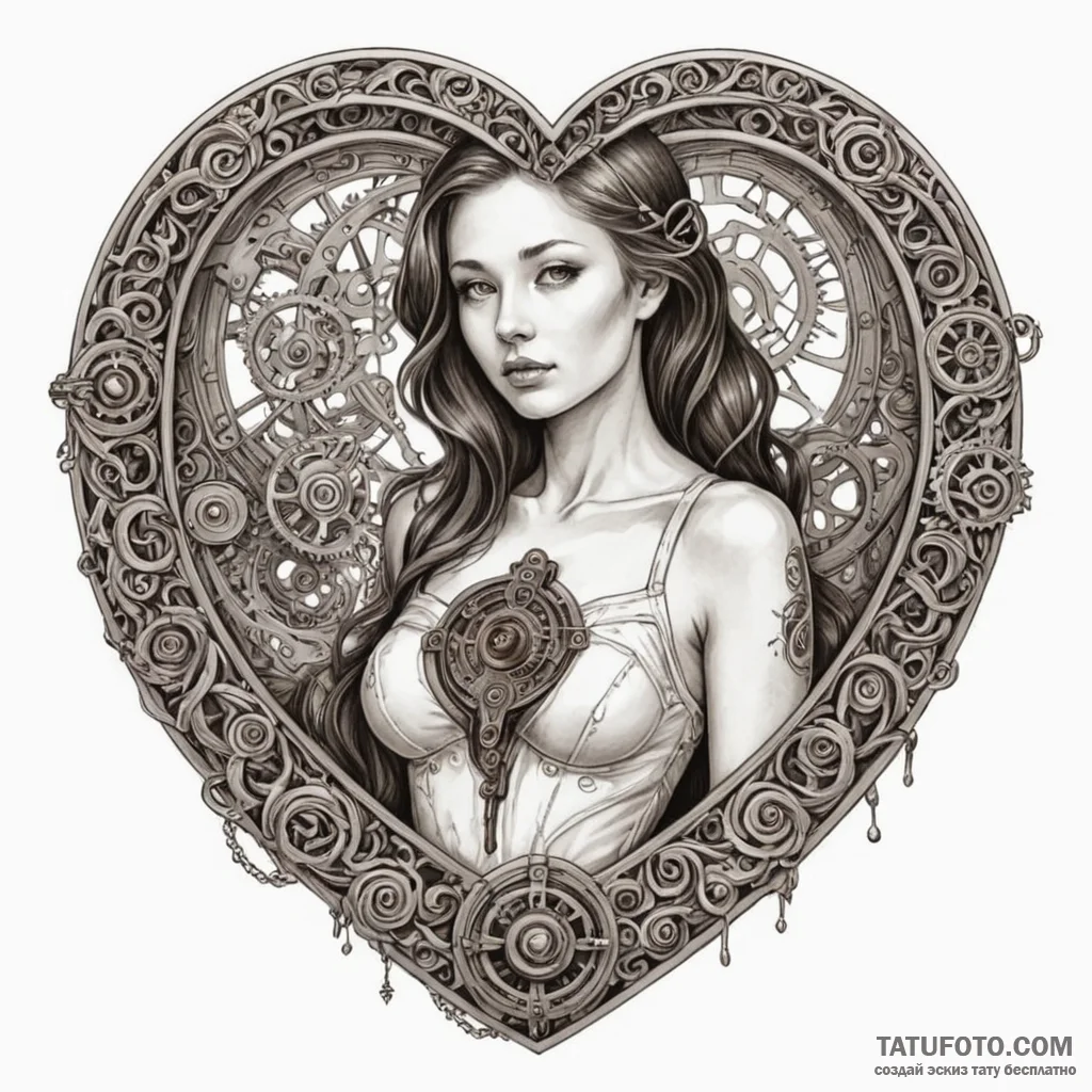 A woman with a clockwork heart visible throug... - эскиз тату (№1750120481_0, 17.06.2025 00:34) — Tatufoto.com
