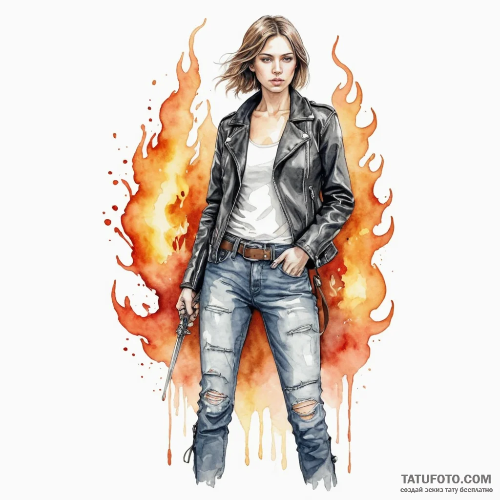 A woman as a modern joan of arc in ripped jea... - эскиз тату (№1750121044_0, 17.06.2025 00:44) — Tatufoto.com