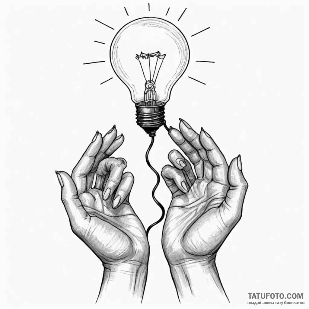 A woman's hands delicately holding a lightbul... - эскиз тату (№1750121107_0, 17.06.2025 00:45) — Tatufoto.com