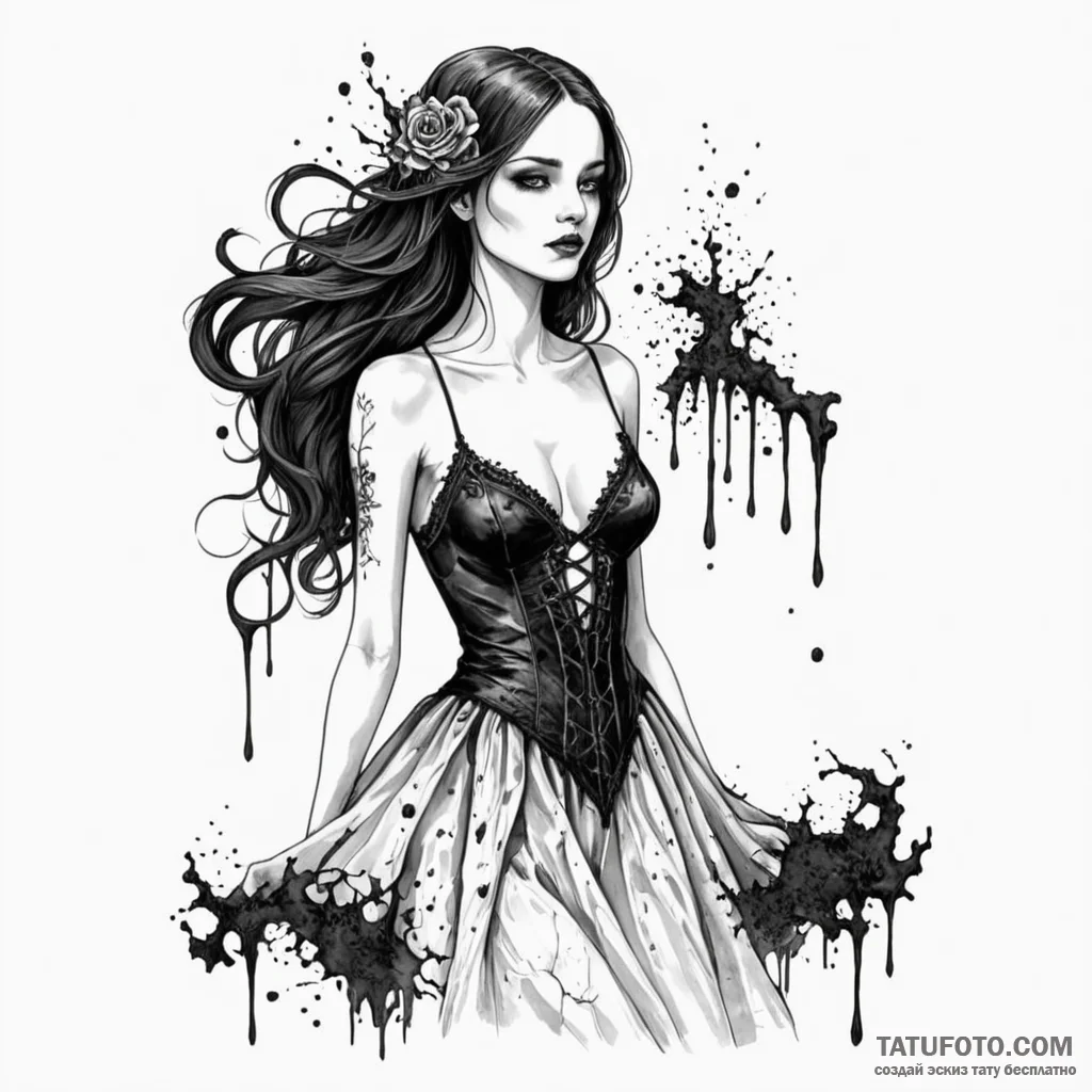 A woman wearing a beautiful dress that is slo... - эскиз тату (№1750122125_0, 17.06.2025 01:02) — Tatufoto.com
