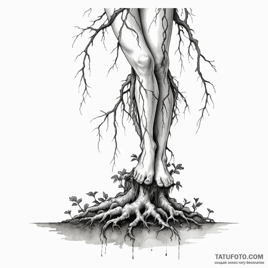 A woman's body with tree roots growing from h... - эскиз тату (№1750123123_0, 17.06.2025 01:18) — Tatufoto.com