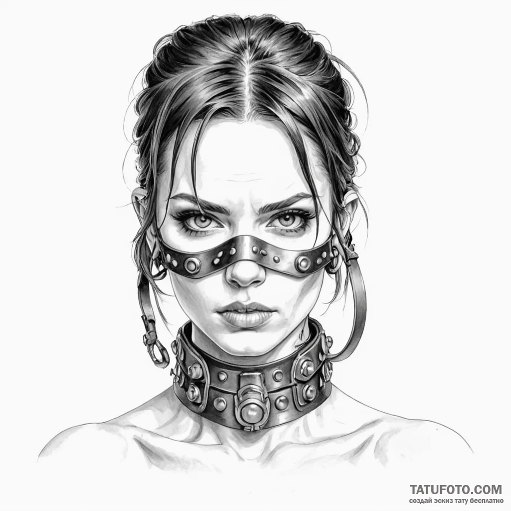 A woman wearing a muzzle made of metal and le... - эскиз тату (№1750123250_0, 17.06.2025 01:20) — Tatufoto.com