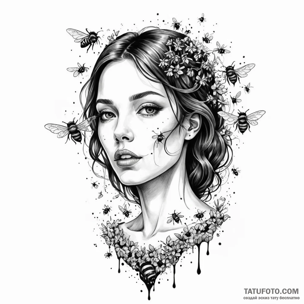 A woman's body is a hive, and bees are flying... - эскиз тату (№1750123875_0, 17.06.2025 01:31) — Tatufoto.com