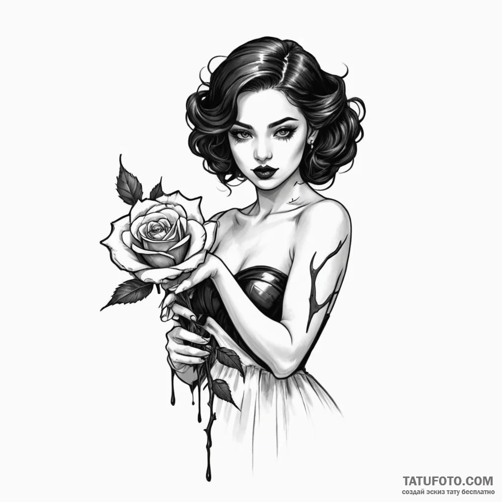 A woman holding a black rose, its petals are... - эскиз тату (№1750125185_0, 17.06.2025 01:53) — Tatufoto.com