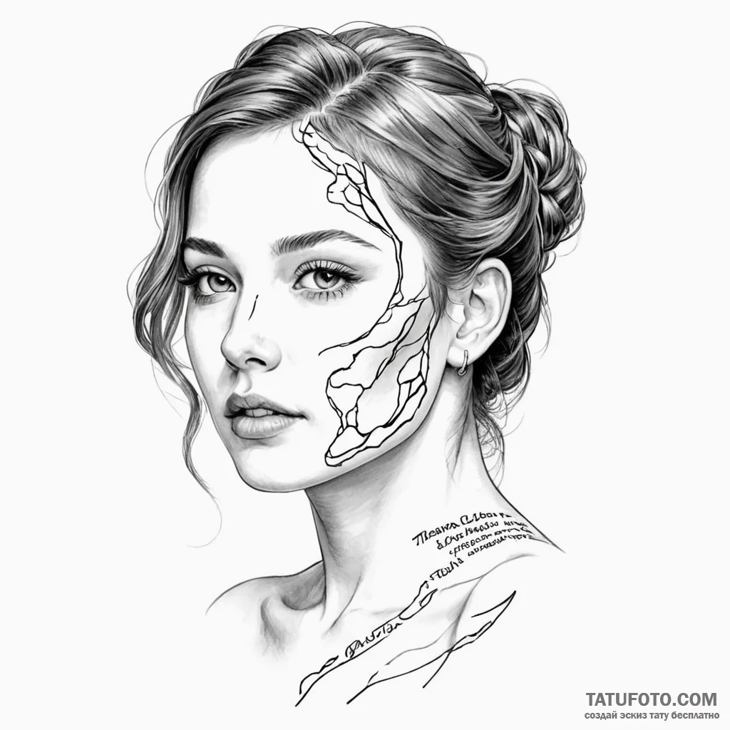 A woman's face, her skin is peeling back like... - эскиз тату (№1750125309_0, 17.06.2025 01:55) — Tatufoto.com