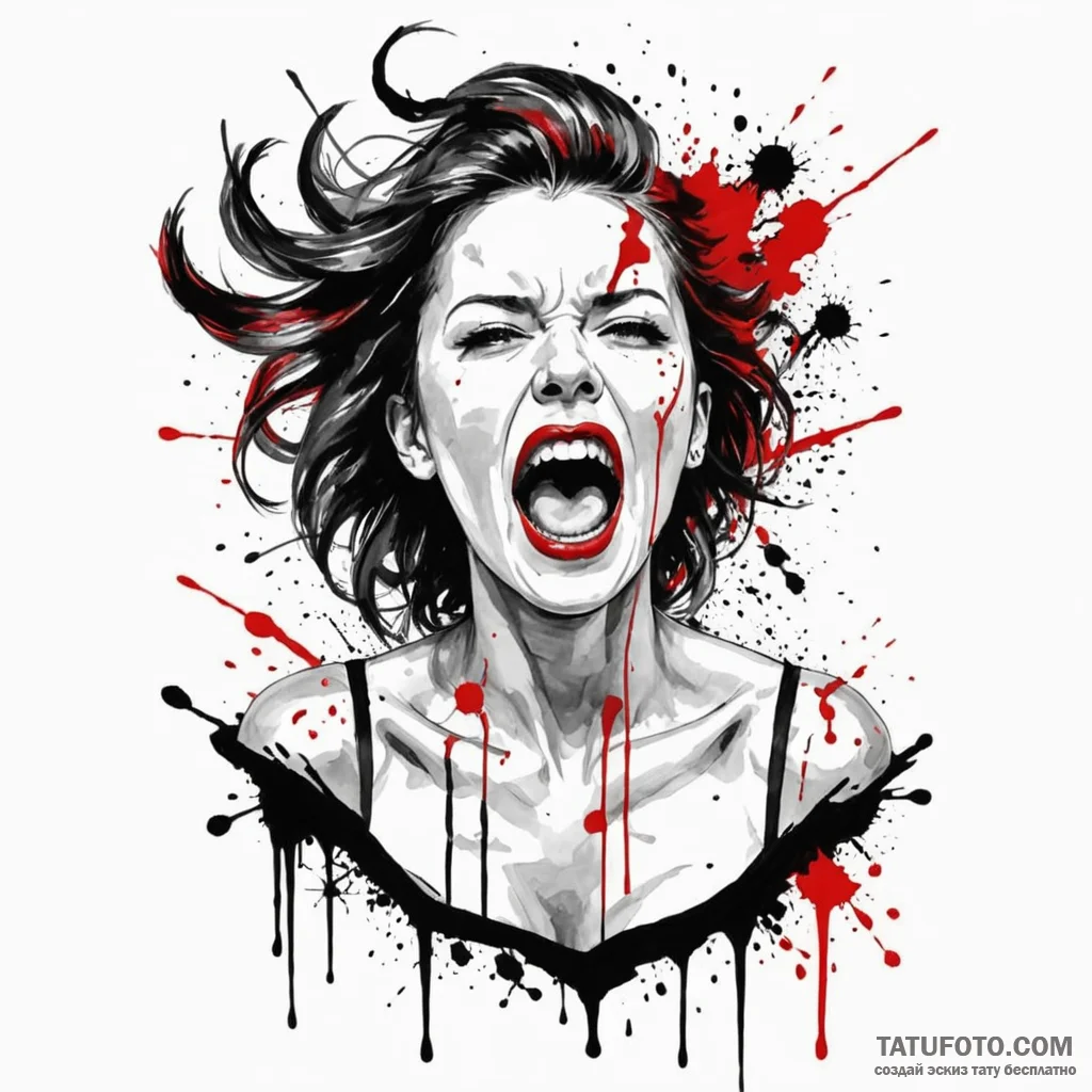 Trash polka style portrait of a woman screami... - эскиз тату (№1750126370_0, 17.06.2025 02:12) — Tatufoto.com