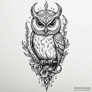 Owl perched on bone scepter, tattoo line art,... - эскиз тату (№1750157474_0, 17.06.2025 10:51) — Tatufoto.com
