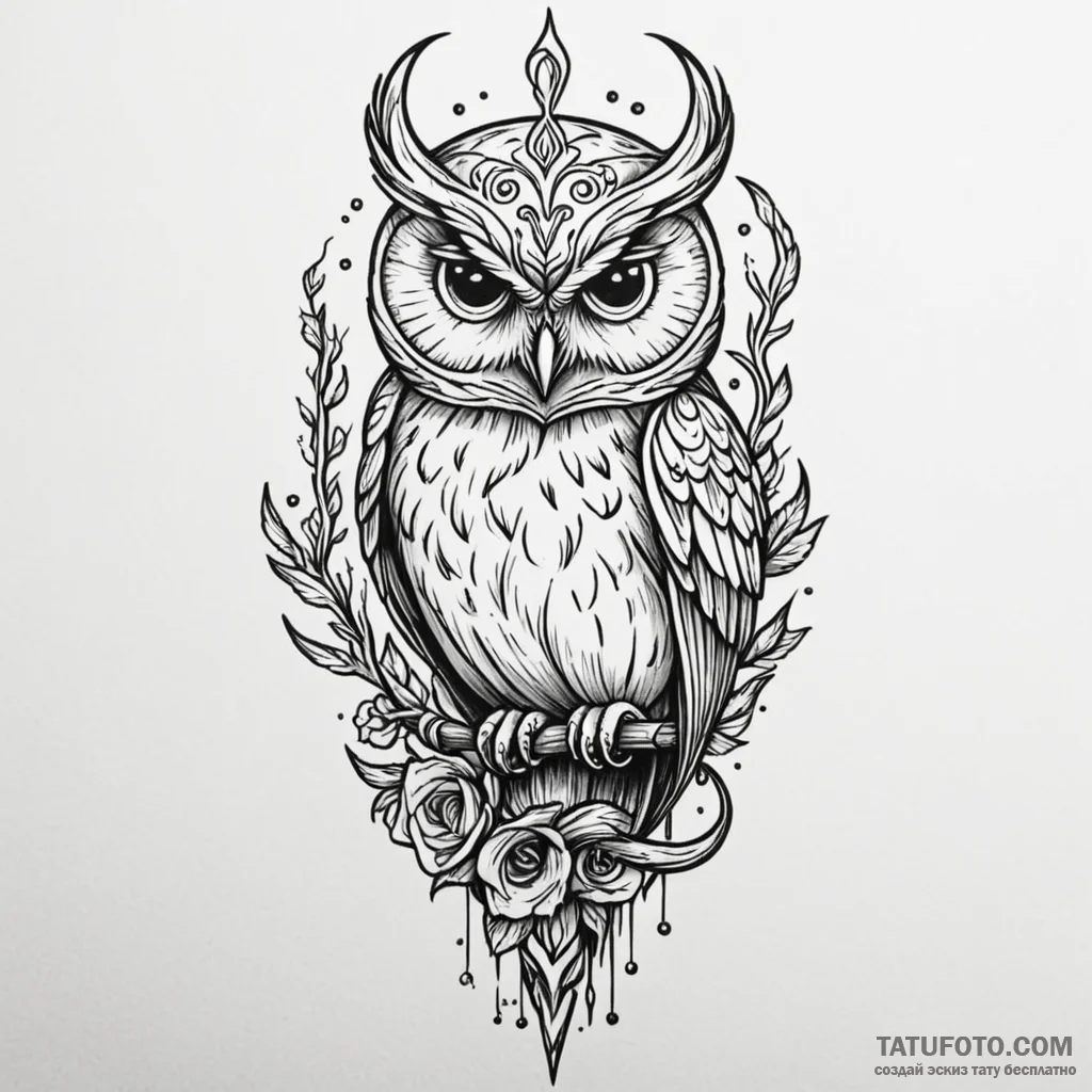 Owl perched on bone scepter, tattoo line art,... - эскиз тату (№1750157474_0, 17.06.2025 10:51) — Tatufoto.com