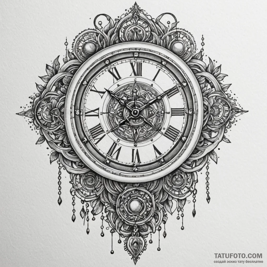 Pendulum clock with skeletal hands, tattoo fl... - эскиз тату (№1750166776_0, 17.06.2025 13:26) — Tatufoto.com