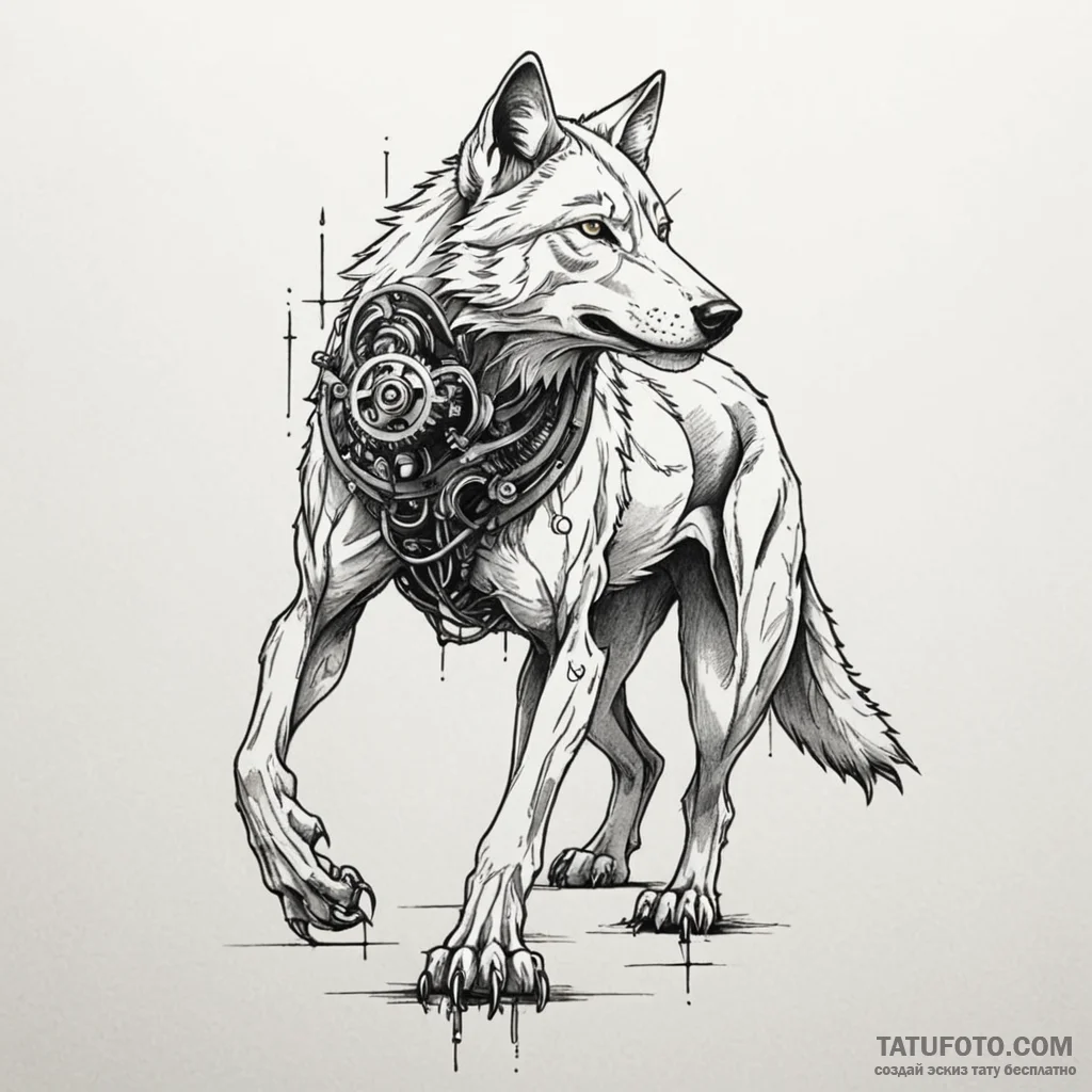 Apocalyptic wolf with mechanical limbs, conce... - эскиз тату (№1750167811_0, 17.06.2025 13:43) — Tatufoto.com