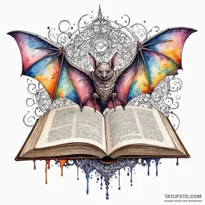 Bat wings unfurling from a closed book, ink i... - эскиз тату (№1750168263_0, 17.06.2025 13:51) — Tatufoto.com