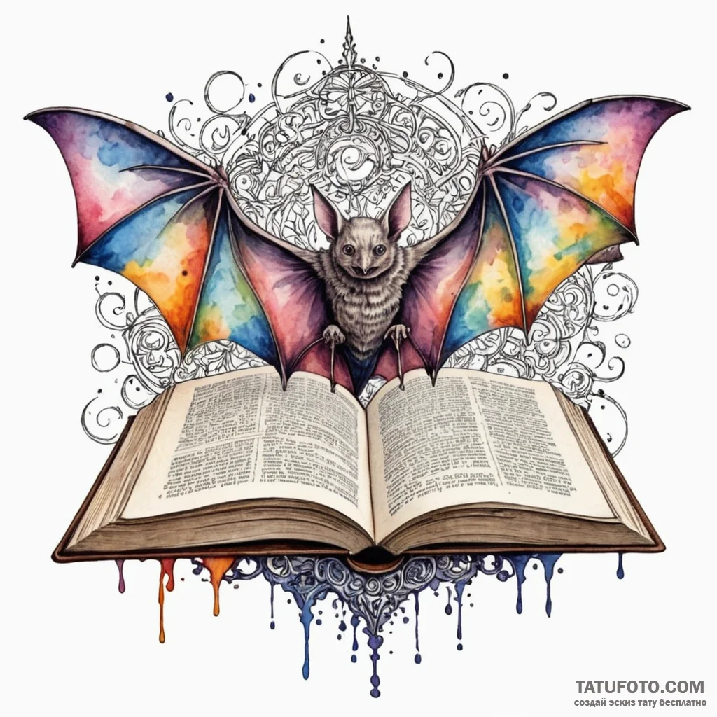 Bat wings unfurling from a closed book, ink i... - эскиз тату (№1750168263_0, 17.06.2025 13:51) — Tatufoto.com
