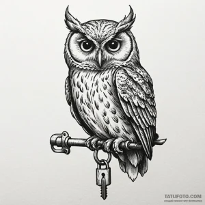 Owl with a key in its talons, guarding a lock... - эскиз тату (№1750169413_0, 17.06.2025 14:10) — Tatufoto.com