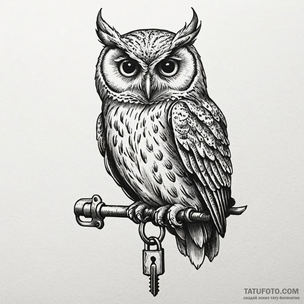 Owl with a key in its talons, guarding a lock... - эскиз тату (№1750169413_0, 17.06.2025 14:10) — Tatufoto.com